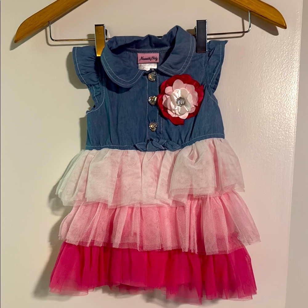 NWOT Nanette Baby Denim Dress with Red and White Flower Size 9m
